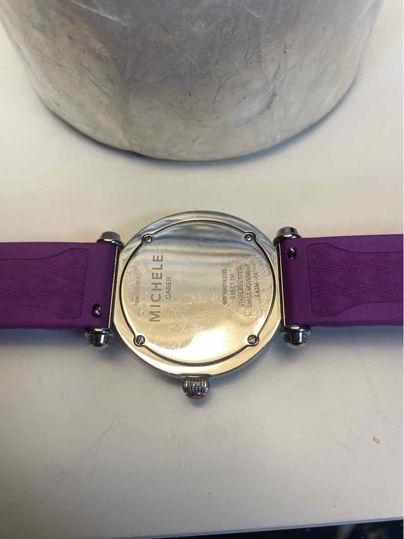 Michele Caber Watch w/ Diamond Bezel and Purple Quilted Silicone Strap