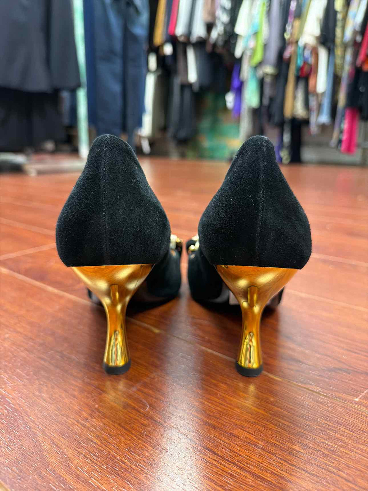 Moschino black heels with gold chain on front