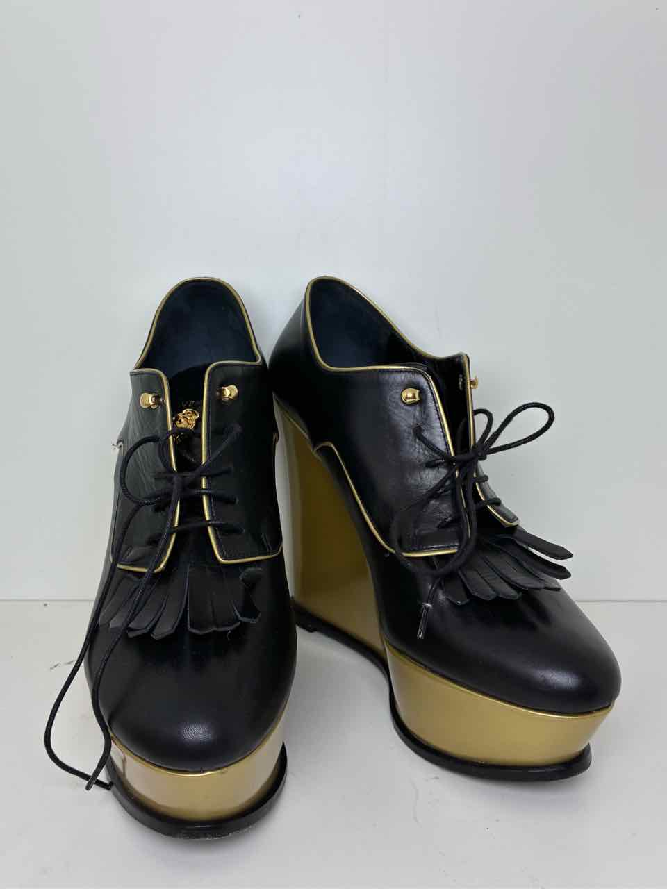 Versace Size 41 Leather Black Pumps w/ Gold Wedge and Details and Fringe