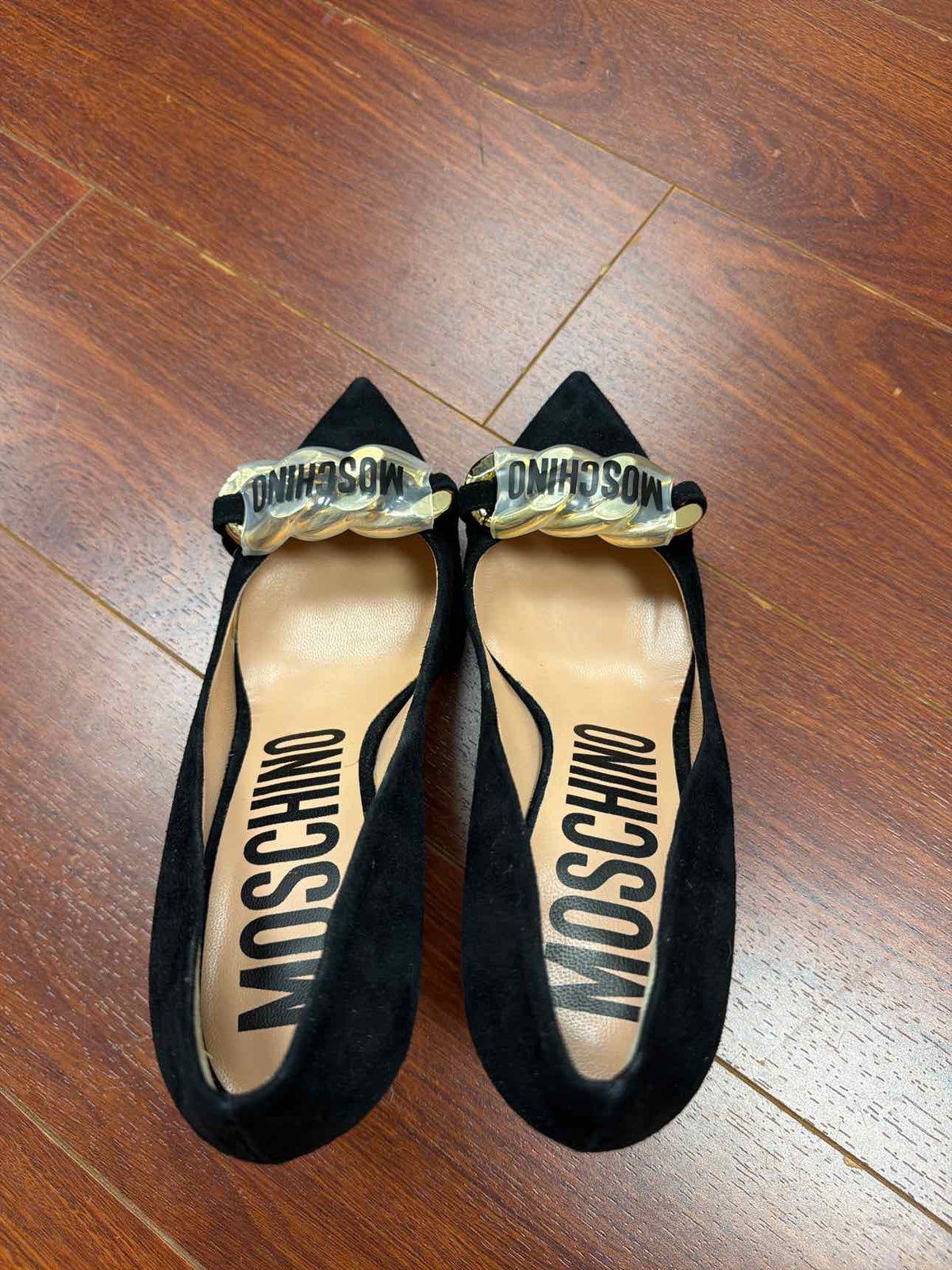 Moschino black heels with gold chain on front