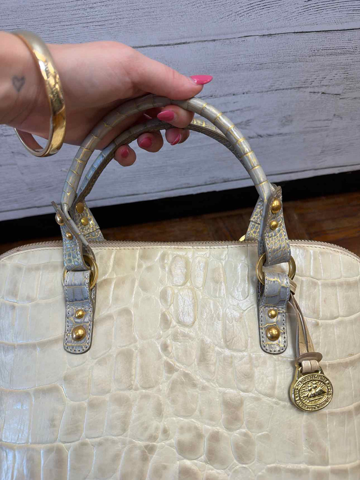 Brahmin cream and taupe croc embossed leather dome satchel