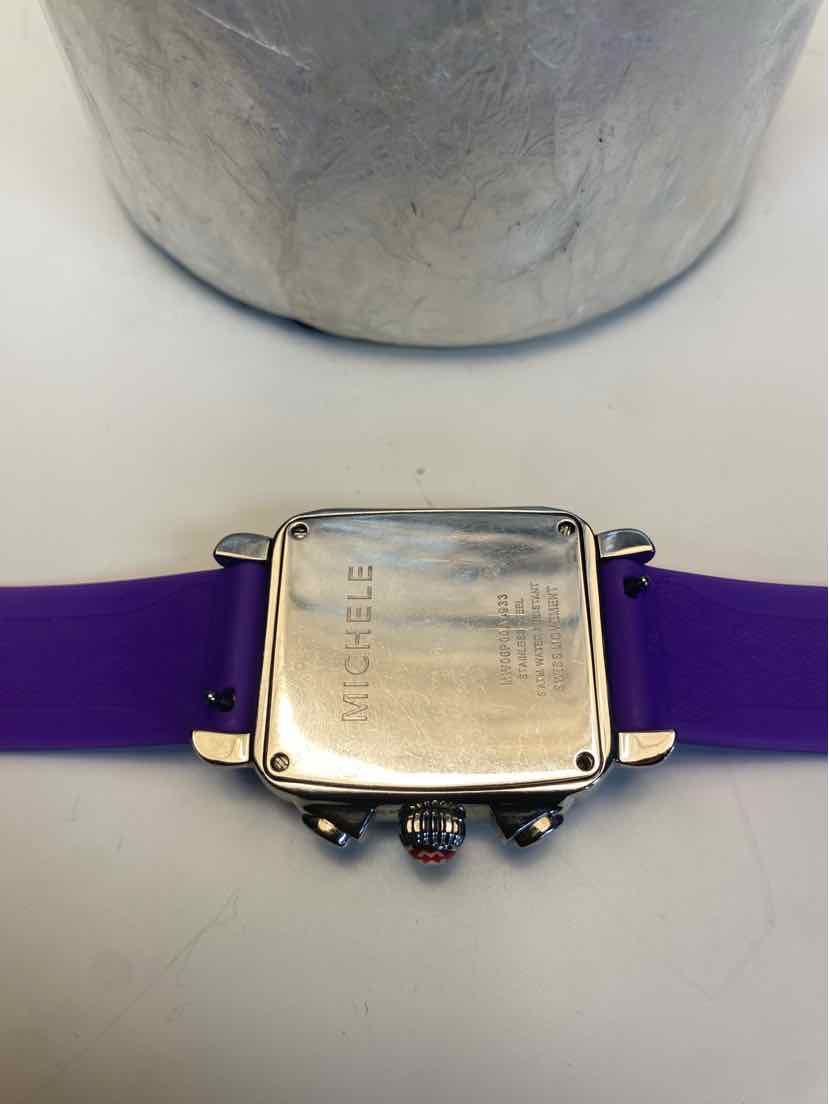 Michele Carousel Square Watch w/ Multicolor Numbers and Purple Silicone Strap