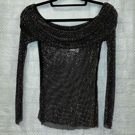 Self Portrait black mesh with gold rhinestones top S