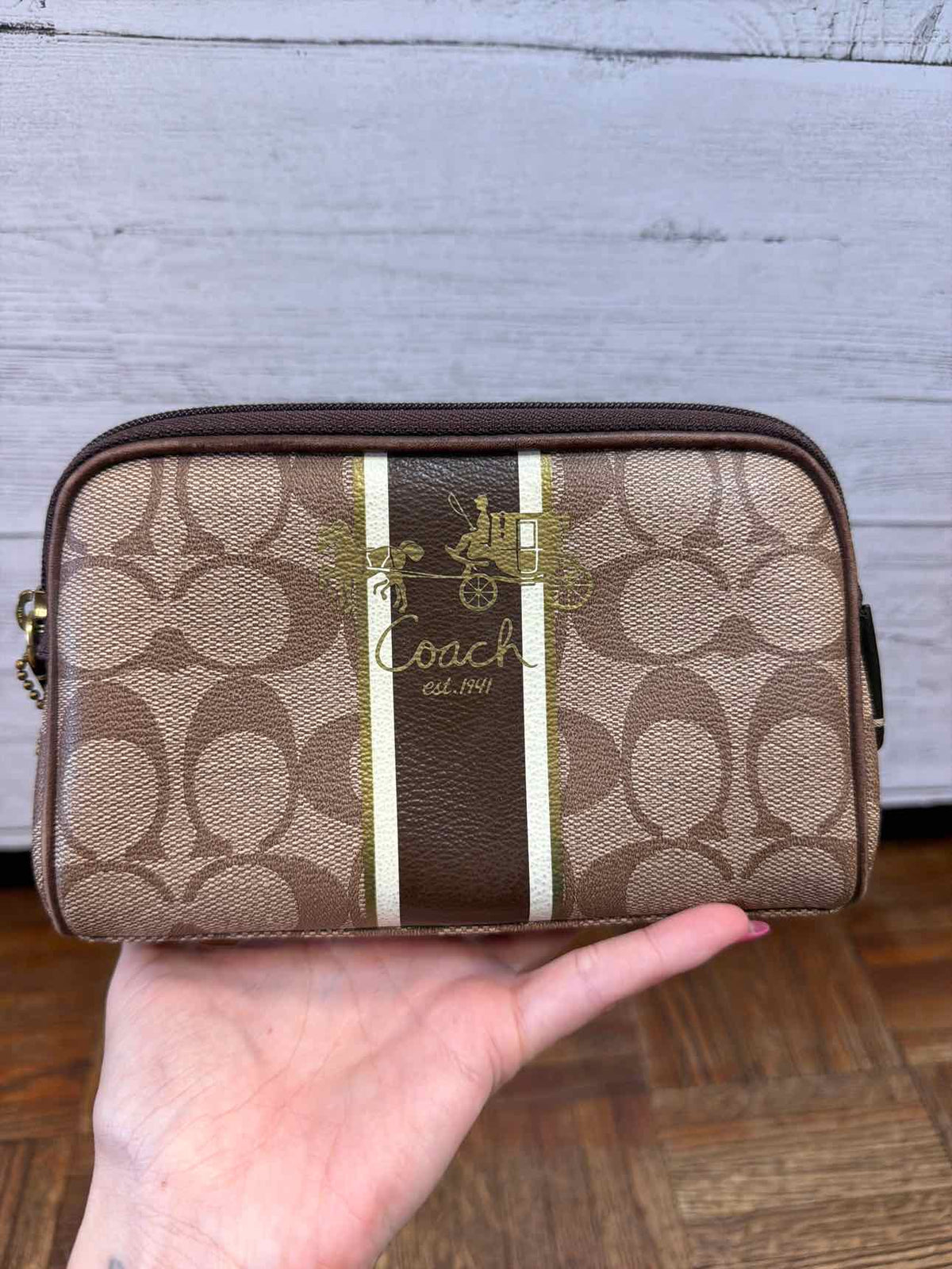 Coach signature canvas stripe cosmetic bag