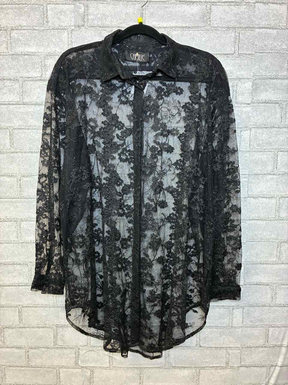 Camille Large Black Sheer Floral Design Button Up