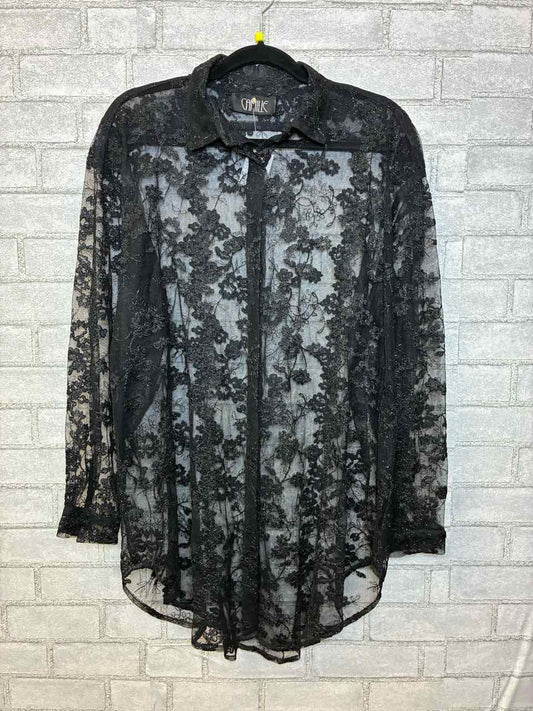 Camille Large Black Sheer Floral Design Button Up