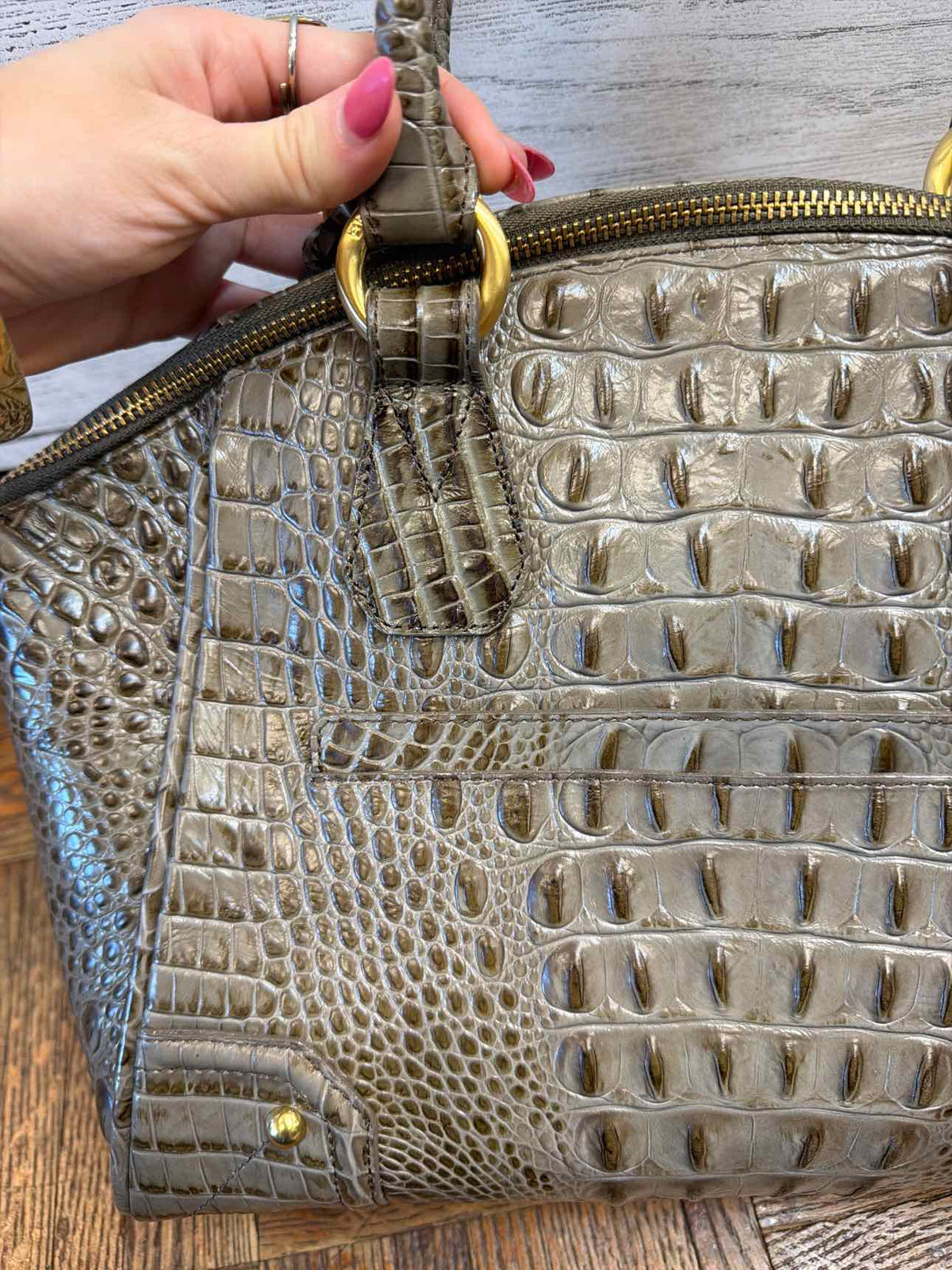 Brahmin taupe croc embossed leather satchel handbag