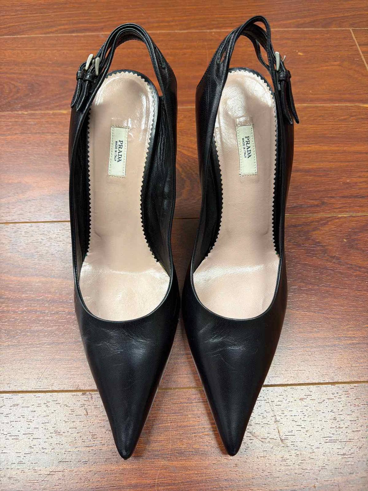 Prada black leather pointed toe slingback heels