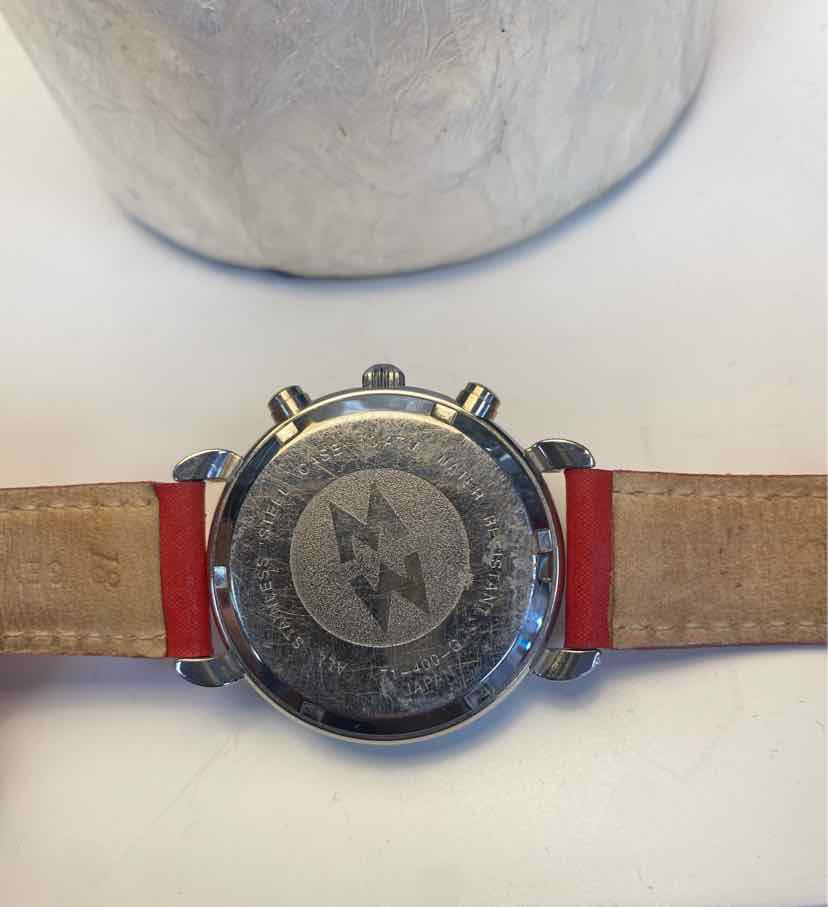 Michele Red Watch w/ 3 Silver Circles and Red Leather Strap