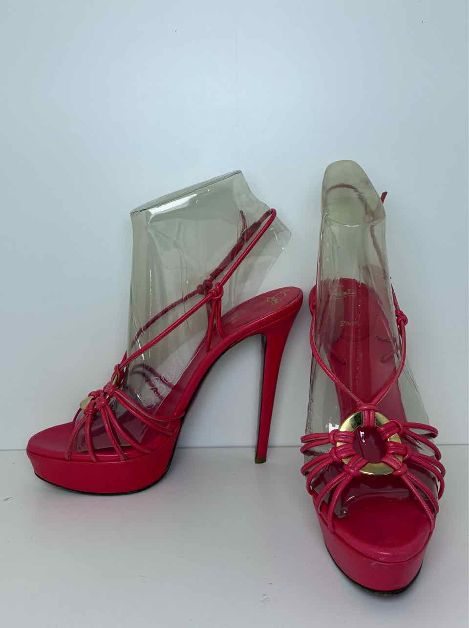 Louboutin Size 8.5 Coral Strappy Stilettos with Gold Buckle