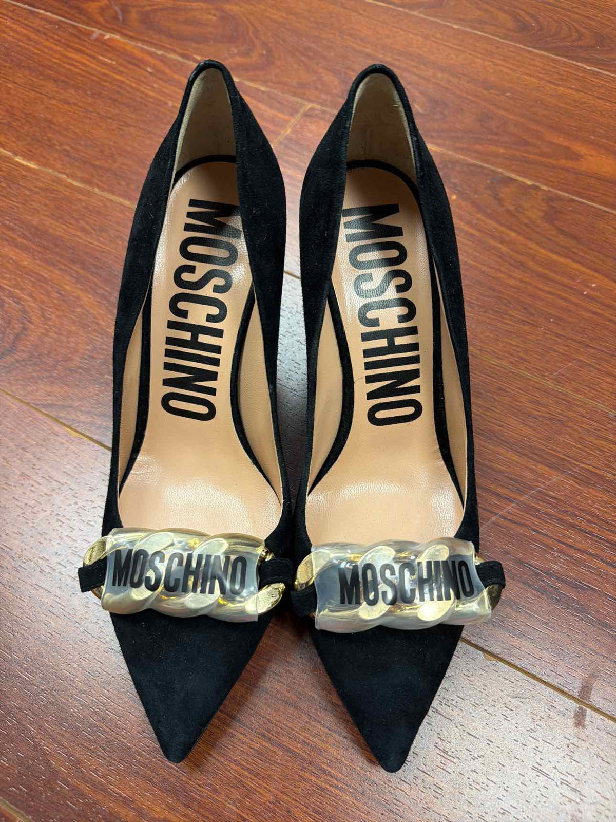 Moschino black heels with gold chain on front