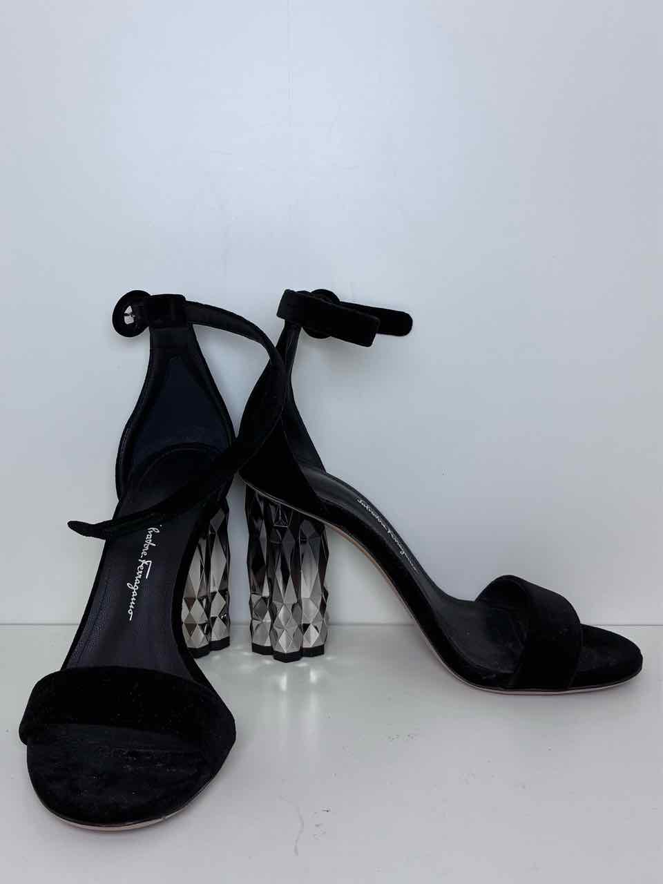 Ferragamo Black Velvet Size 9 Sandals w/ Metallic Refracted Heel    has dust bag