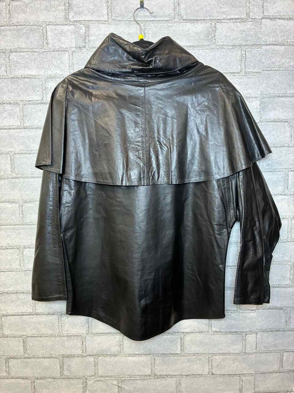 Camille Medium Black Leather Midi Coat w/ Capelet Shoulders