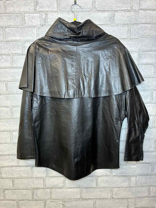 Camille Medium Black Leather Midi Coat w/ Capelet Shoulders