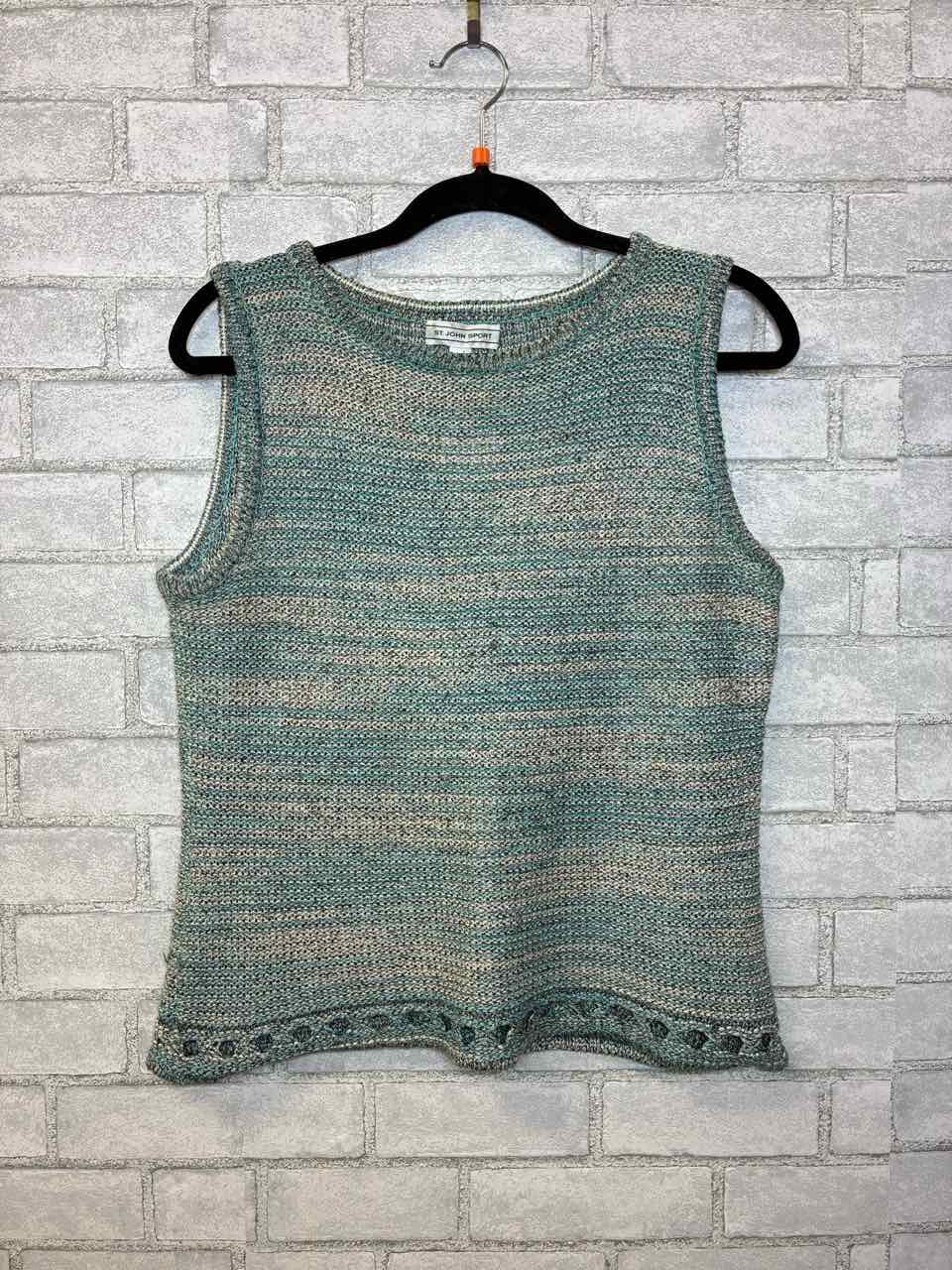 St.John Teal and White Knit Top with Open Circle Pattern at the bottom. Size M