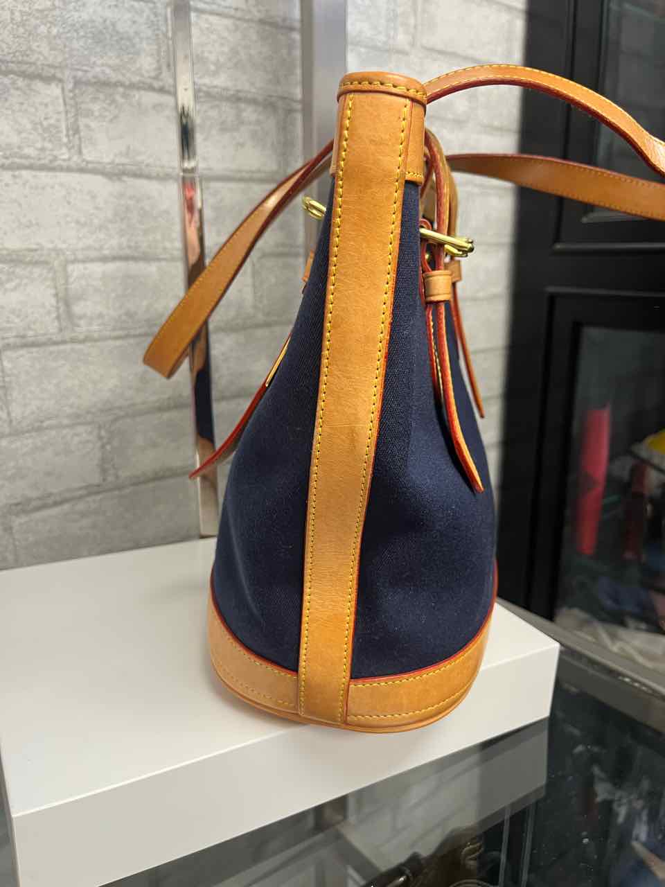 Vintage Dooney and Bourke Navy Canvas and Leather Bucket Bag