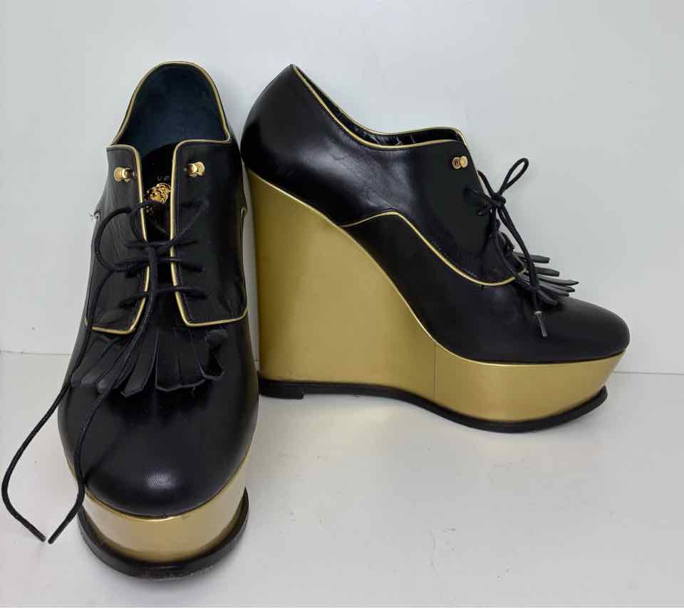 Versace Size 41 Leather Black Pumps w/ Gold Wedge and Details and Fringe