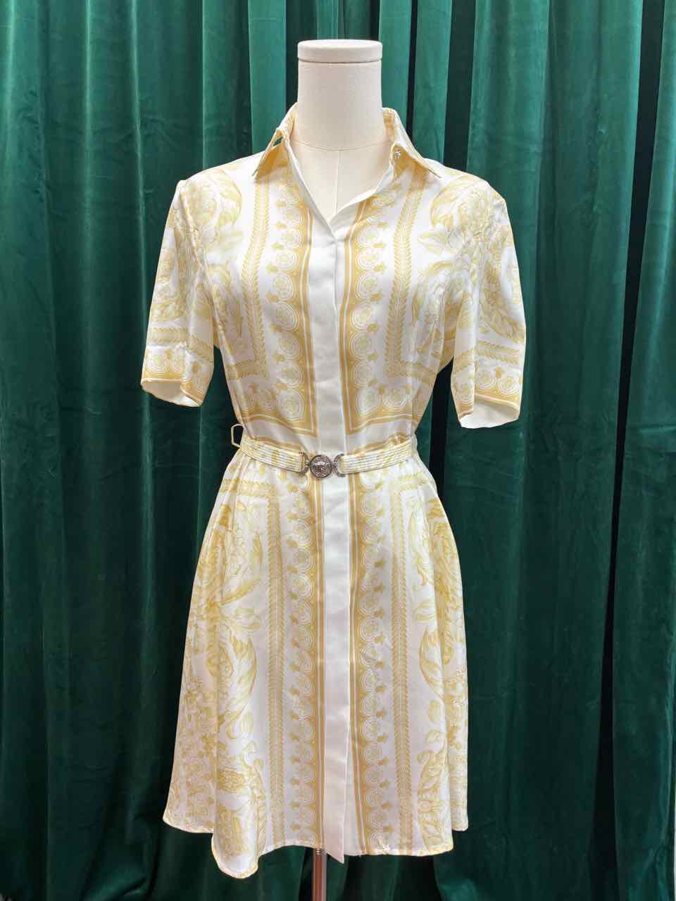 Versace Size 36 Yellow Printed Silk Twill Mini Shirt Dress