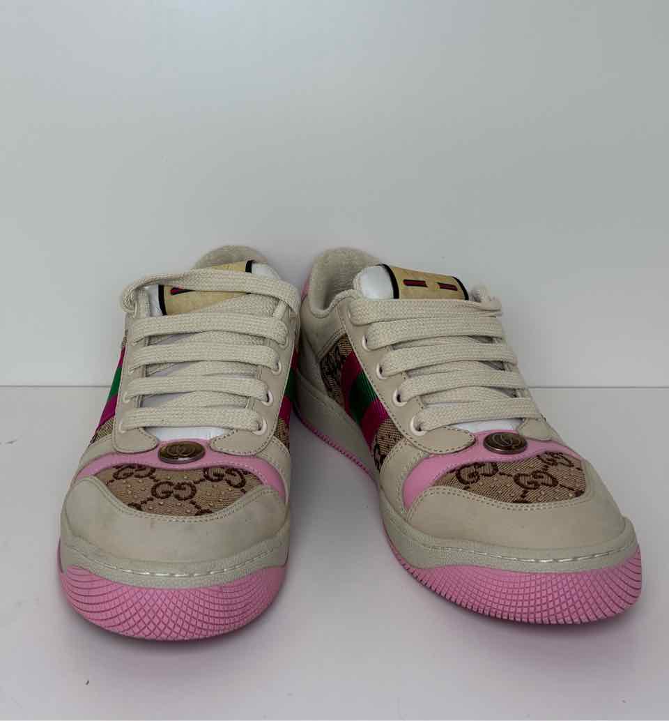Gucci Size 38 1/2 Beige and Pink Screener Sneakers w/ GG Canvas and Crystals