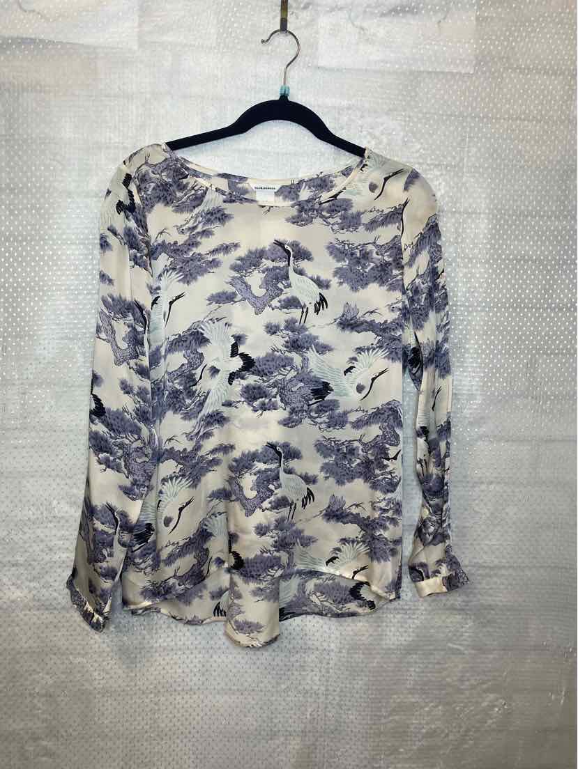 Club Monaco Silk blouse with crane birds and grey plants S