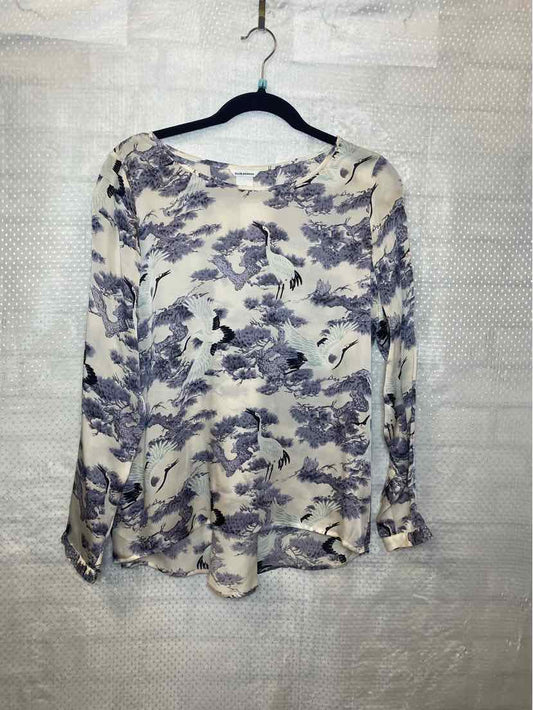 Club Monaco Silk blouse with crane birds and grey plants S