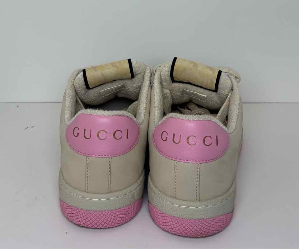 Gucci Size 38 1/2 Beige and Pink Screener Sneakers w/ GG Canvas and Crystals