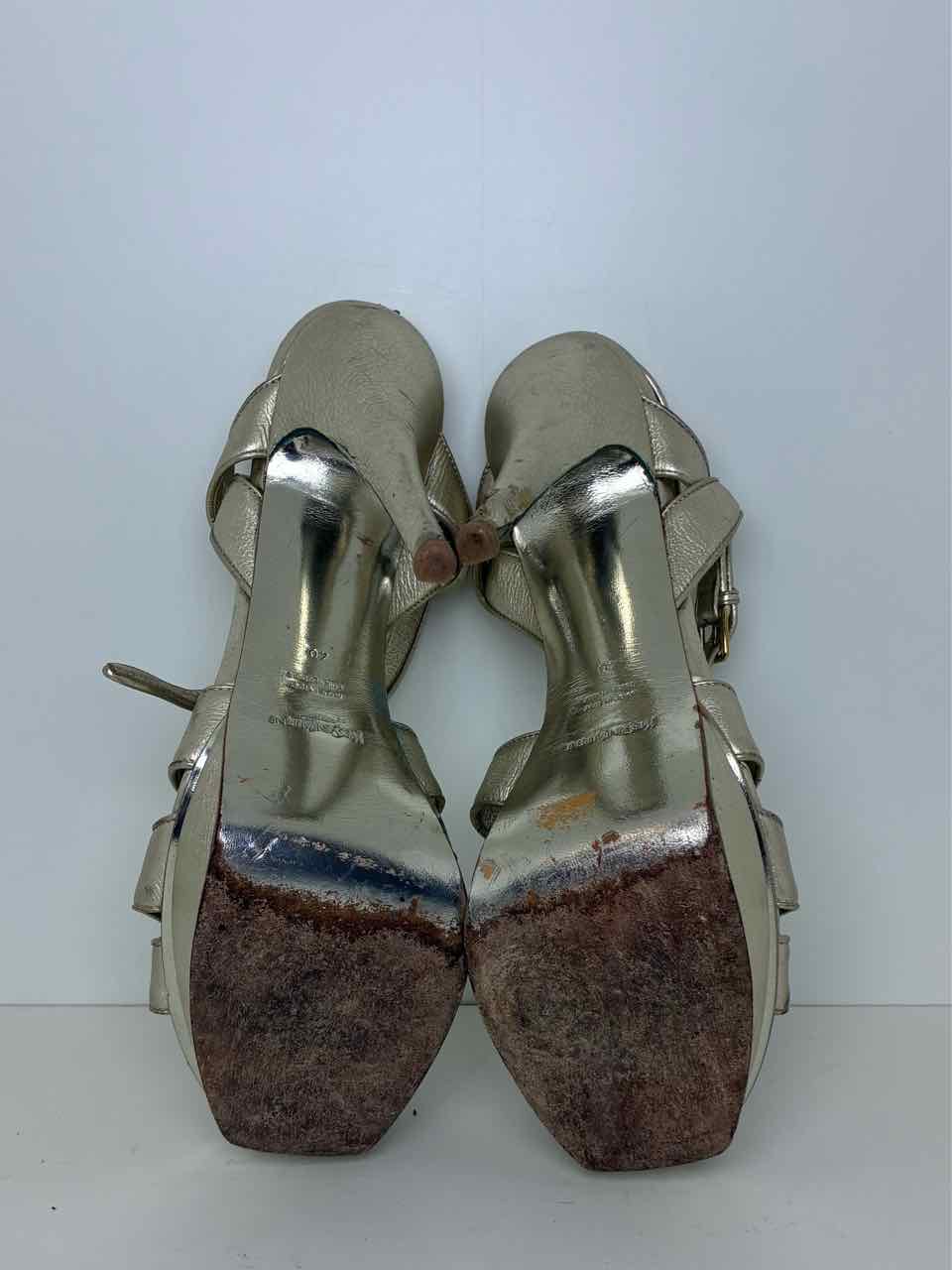 ysl Size 40 Leather Metallic Gold Platform Heels