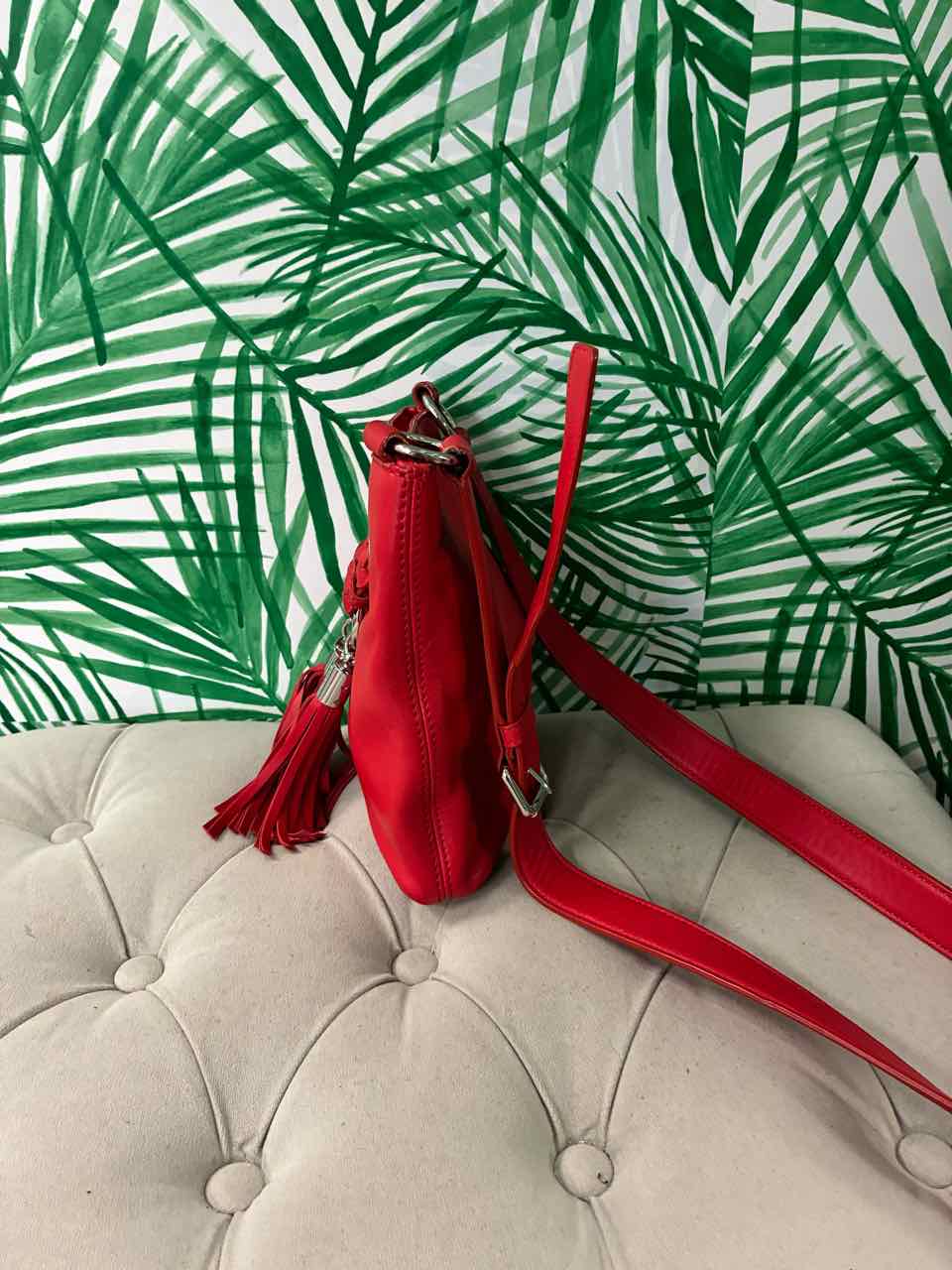 Micheal Kors Red Leather Crossbody Bag w/ Silver Grommet and Fringe Tassel
