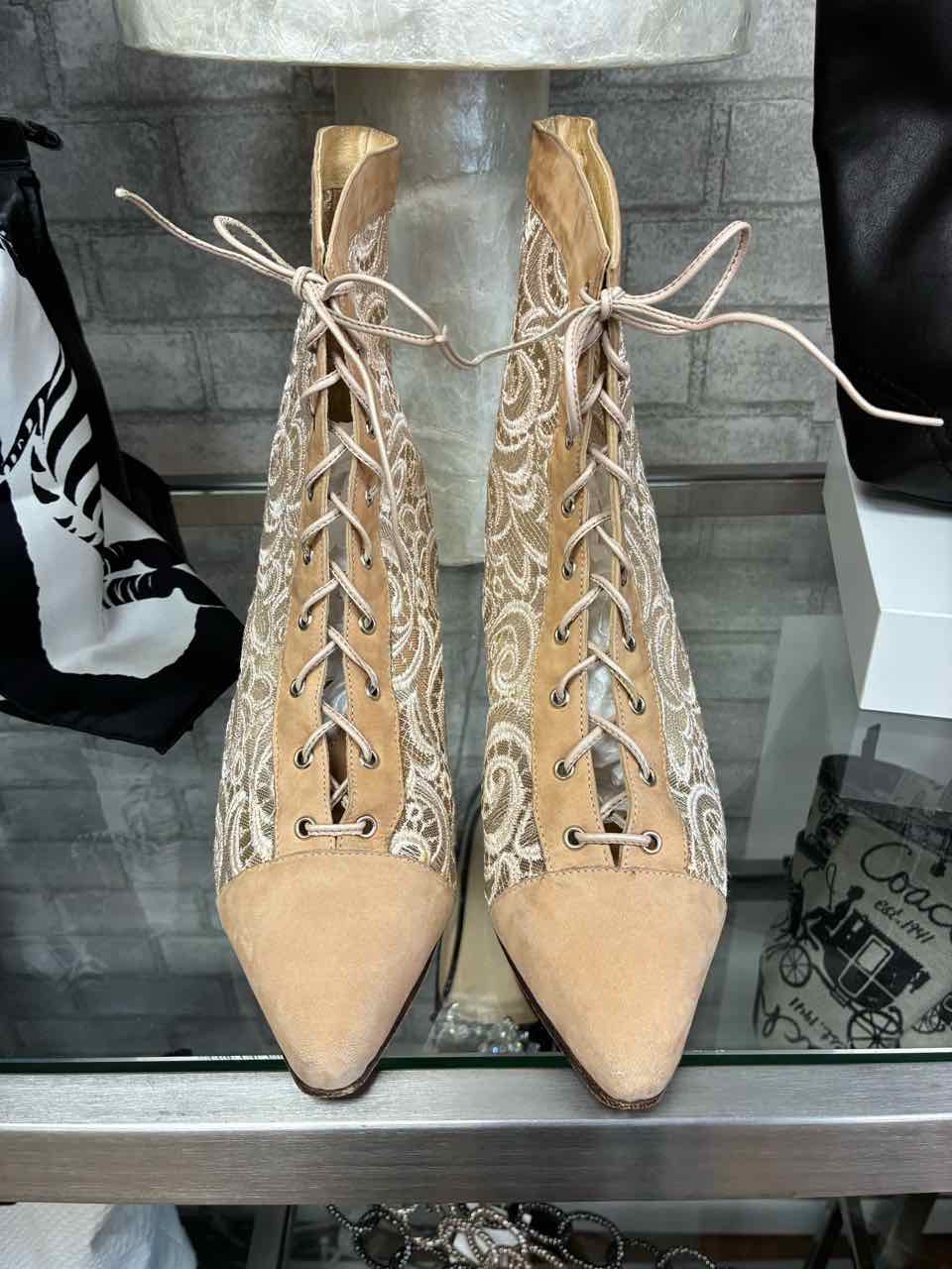 Dolly Duz Vintage Tan Leather and Sheer embroidered Lace Panels. Size 39