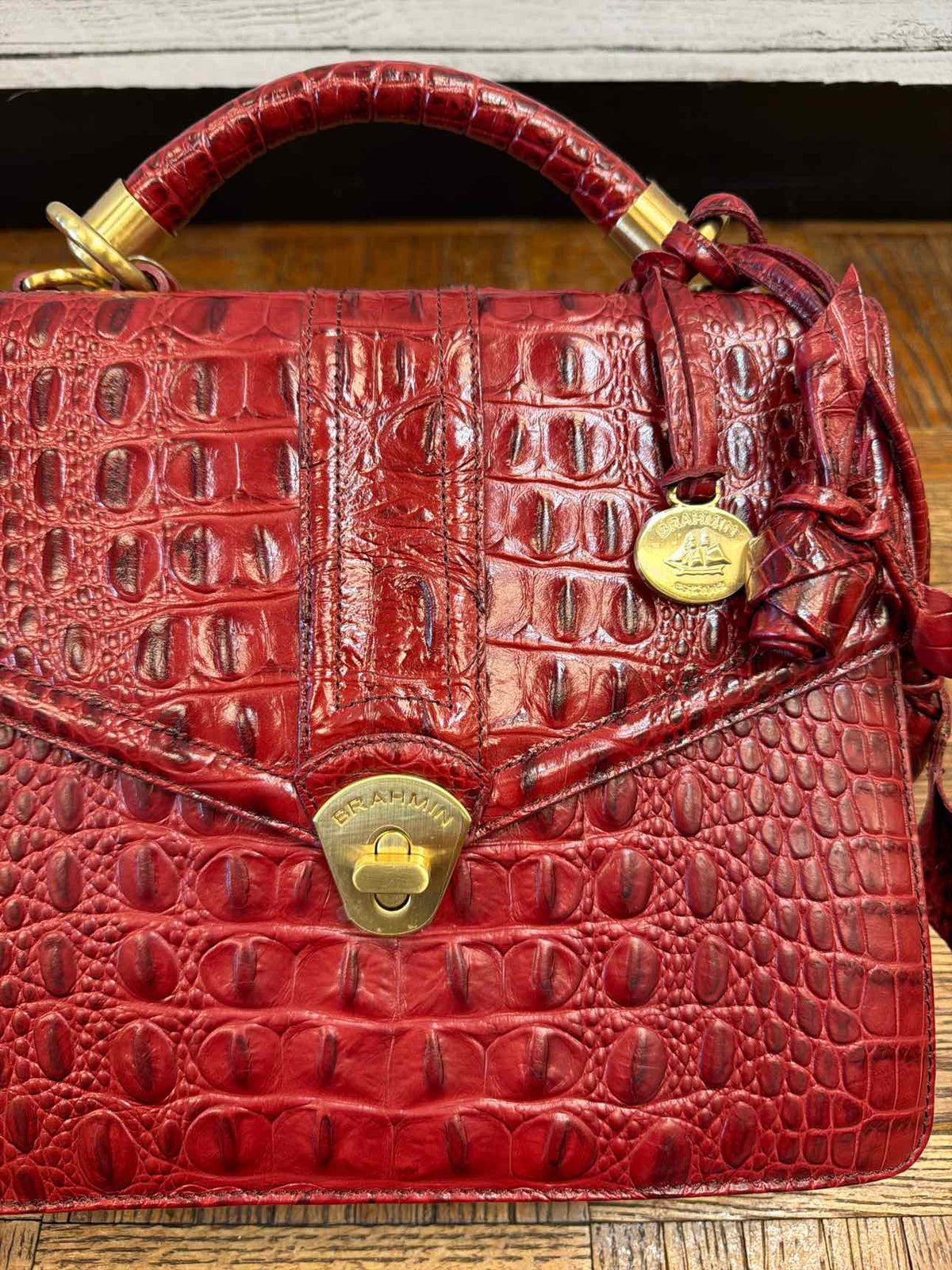 Brahmin red croc embossed leather top satchel handle