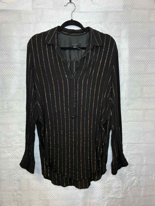 All Saints black and gold/silver stripe LS shirt L