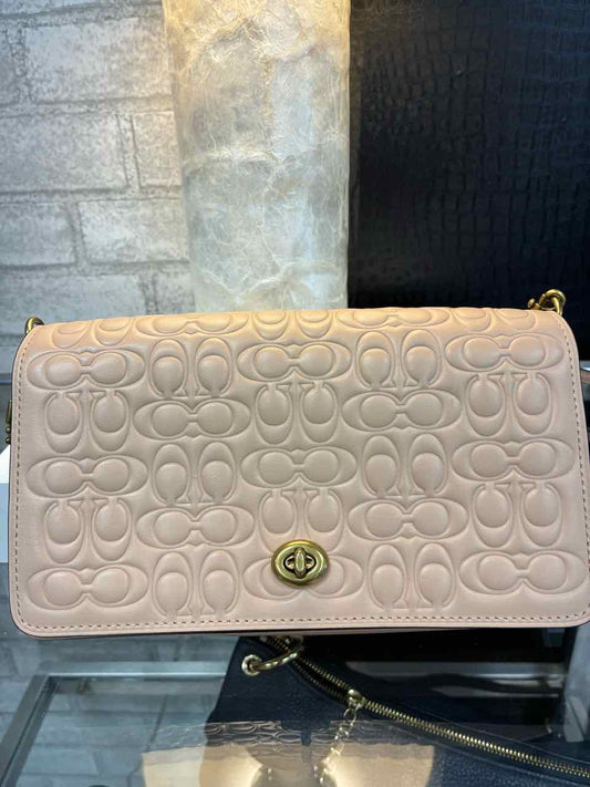 Coach Beige Dinky Signature Leather Bag w/ Embossed Pattern and Brass Turnlock
