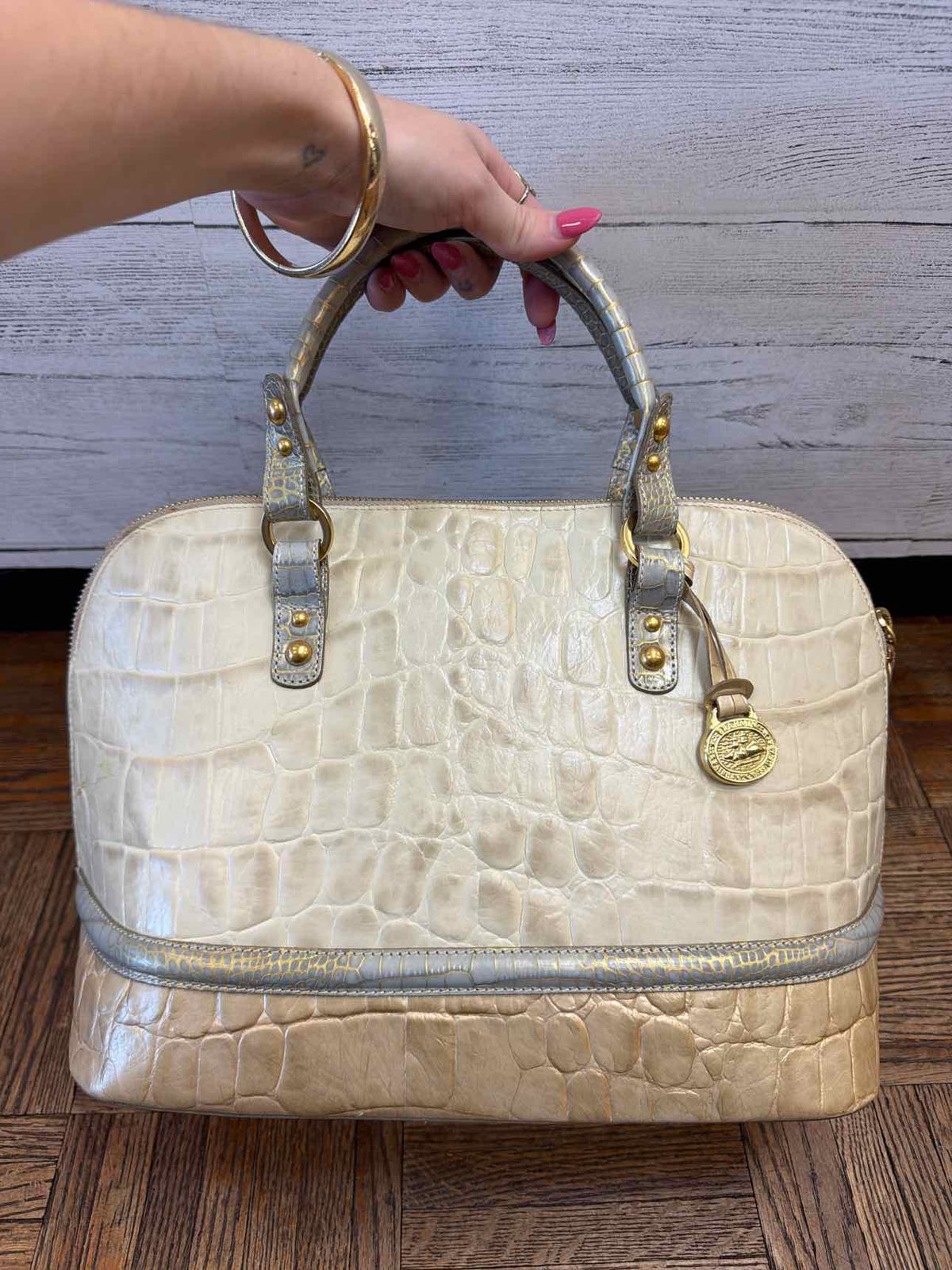 Brahmin cream and taupe croc embossed leather dome satchel