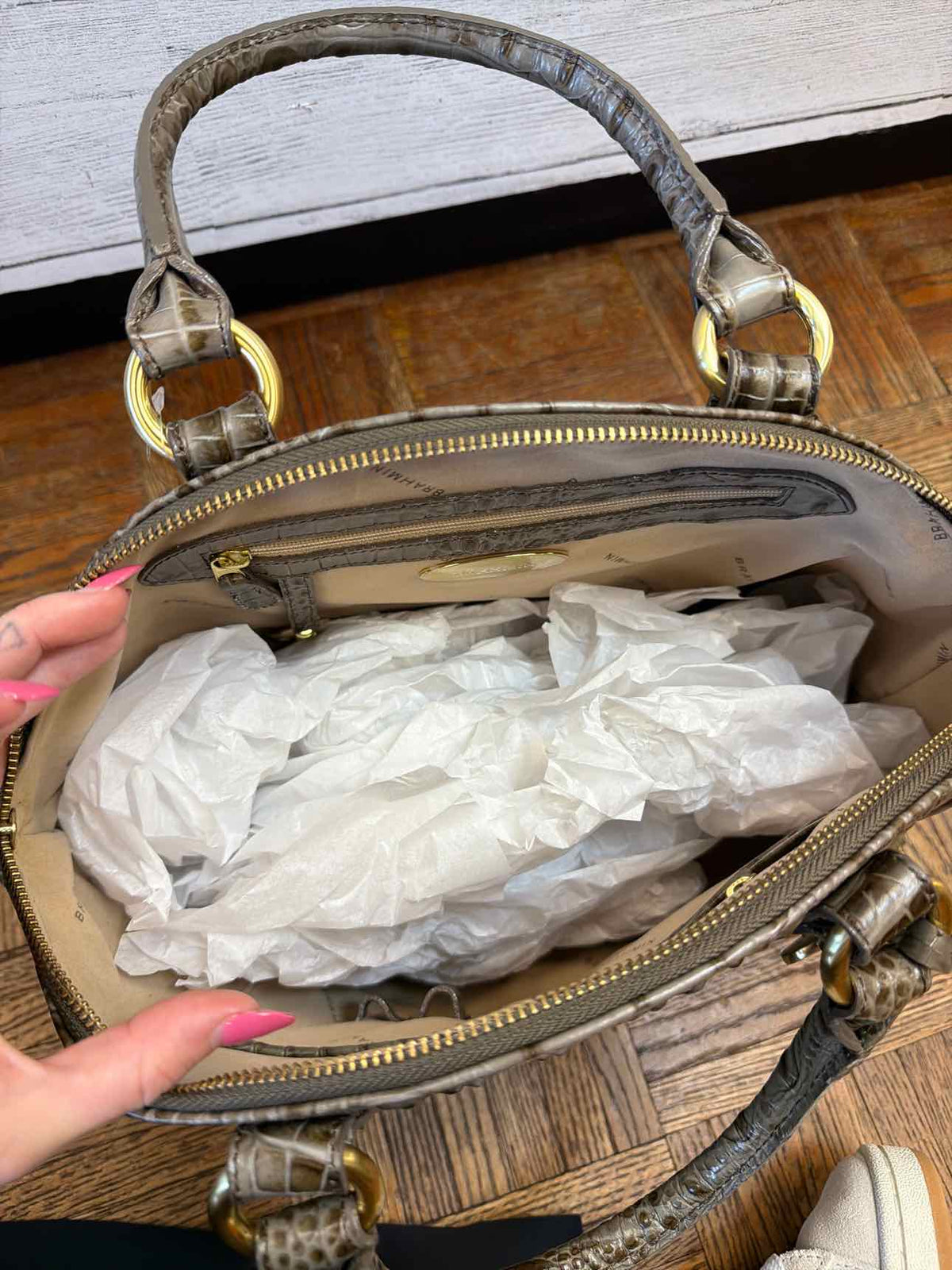 Brahmin taupe croc embossed leather satchel handbag
