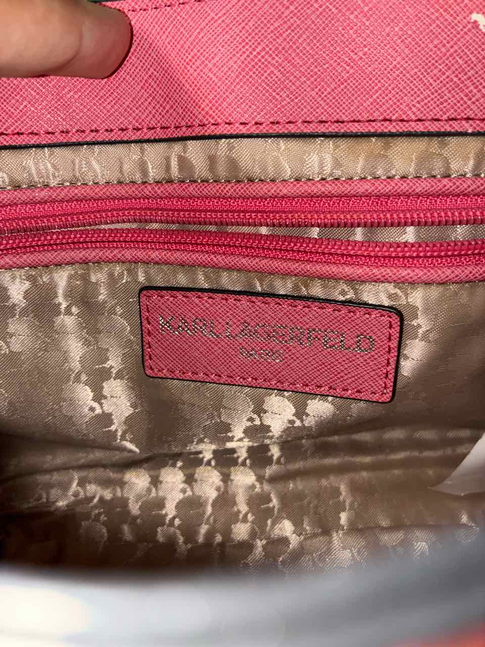 Karl Lagerfeld Pink Leather Crossbody Bag w/ Scalloped Flap and Faux Pearls