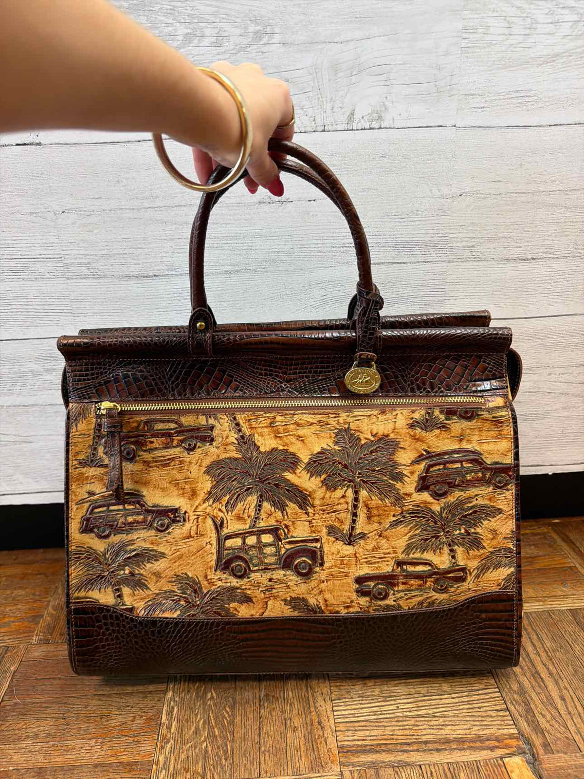 Brahmin brown croc embossed leather with tropical car print palm tress designs