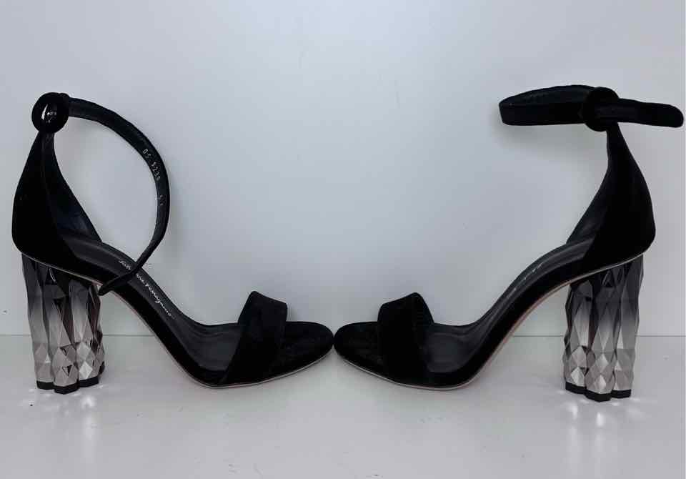 Ferragamo Black Velvet Size 9 Sandals w/ Metallic Refracted Heel    has dust bag