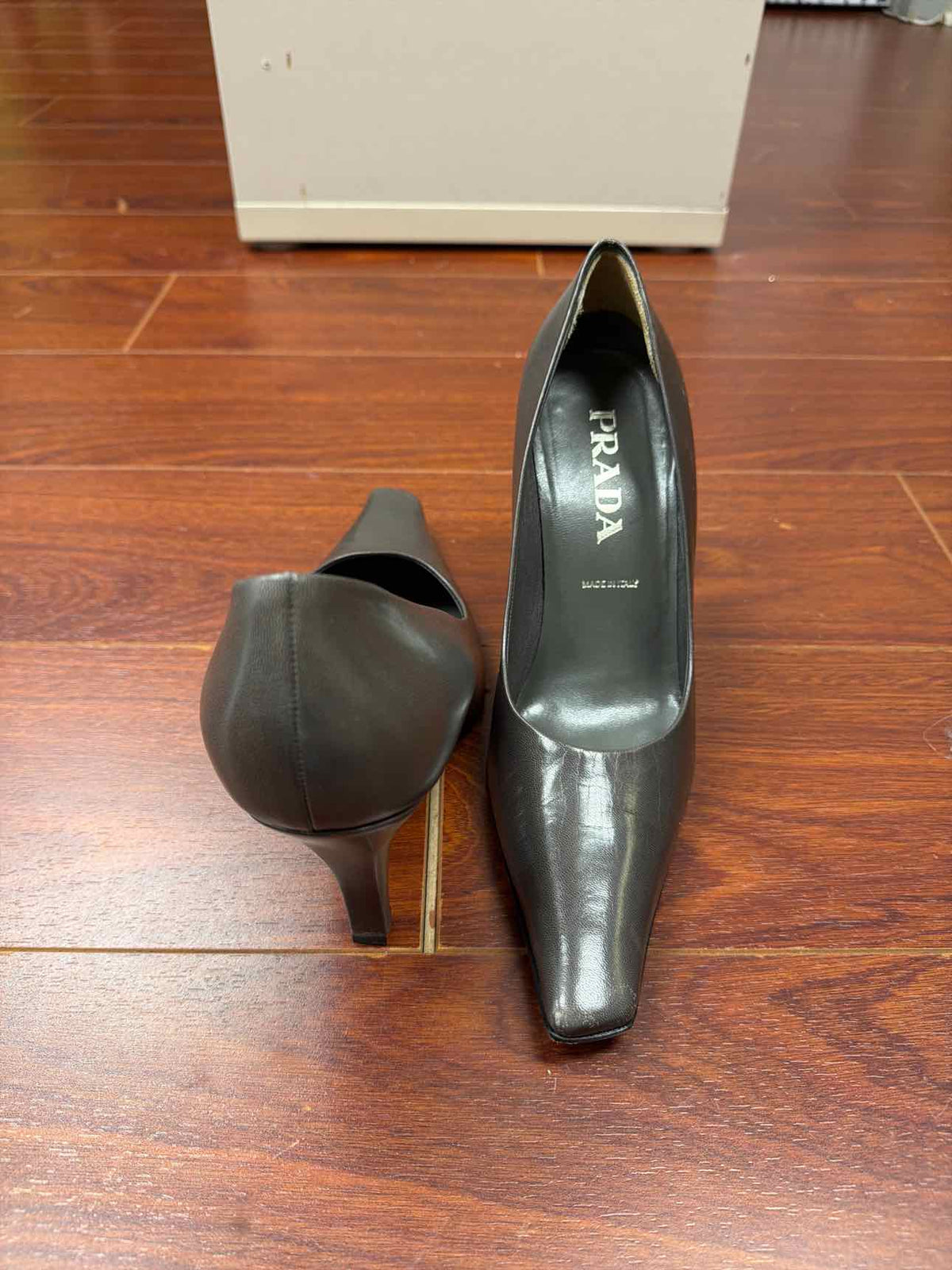 Gray Prada leather pointed pumps