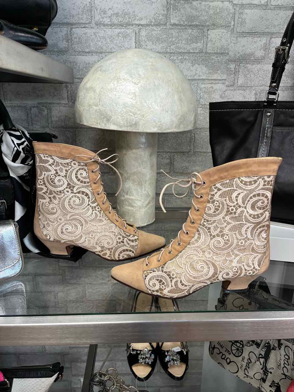 Dolly Duz Vintage Tan Leather and Sheer embroidered Lace Panels. Size 39