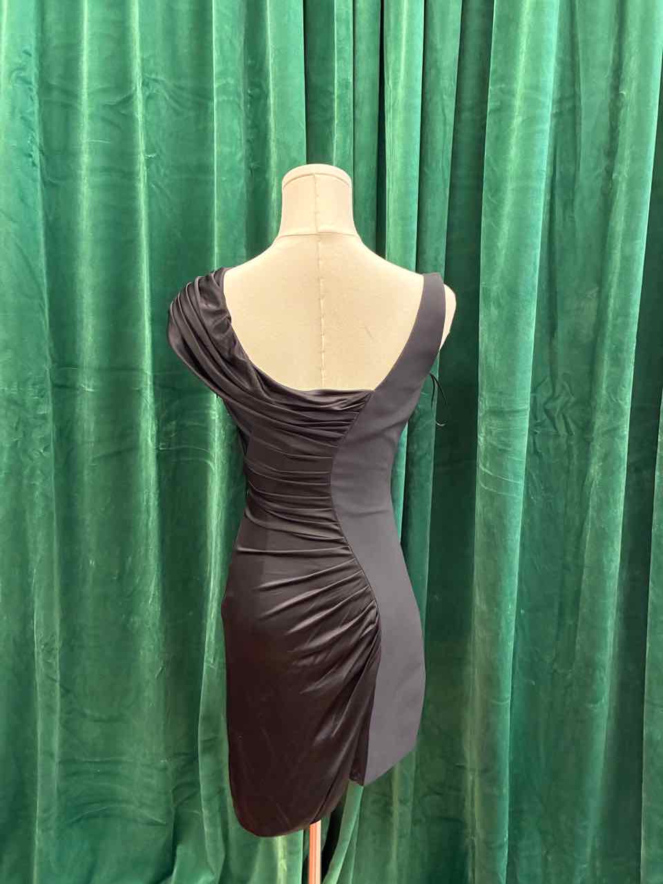 Versace Size 36 Black Draped Mini Dress w/ Gold Hardware on Shoulder