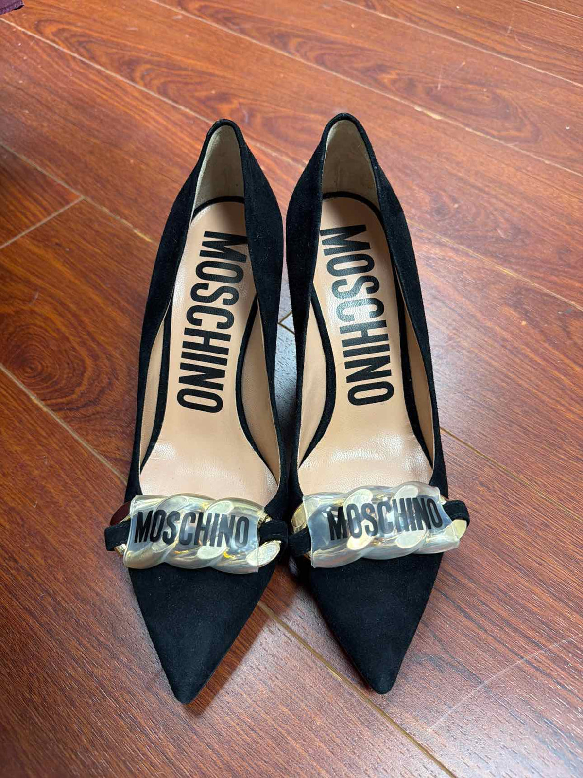 Moschino black heels with gold chain on front