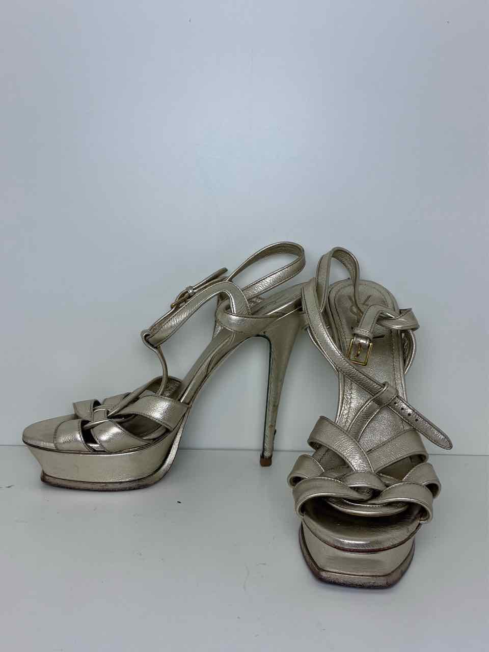 ysl Size 40 Leather Metallic Gold Platform Heels
