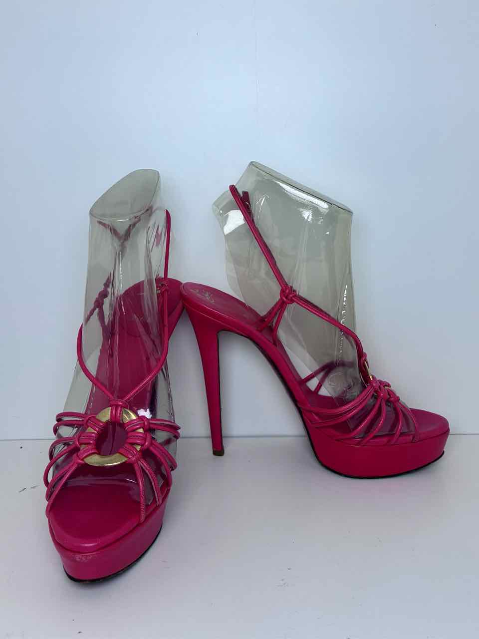 Louboutin Size 8.5 Coral Strappy Stilettos with Gold Buckle