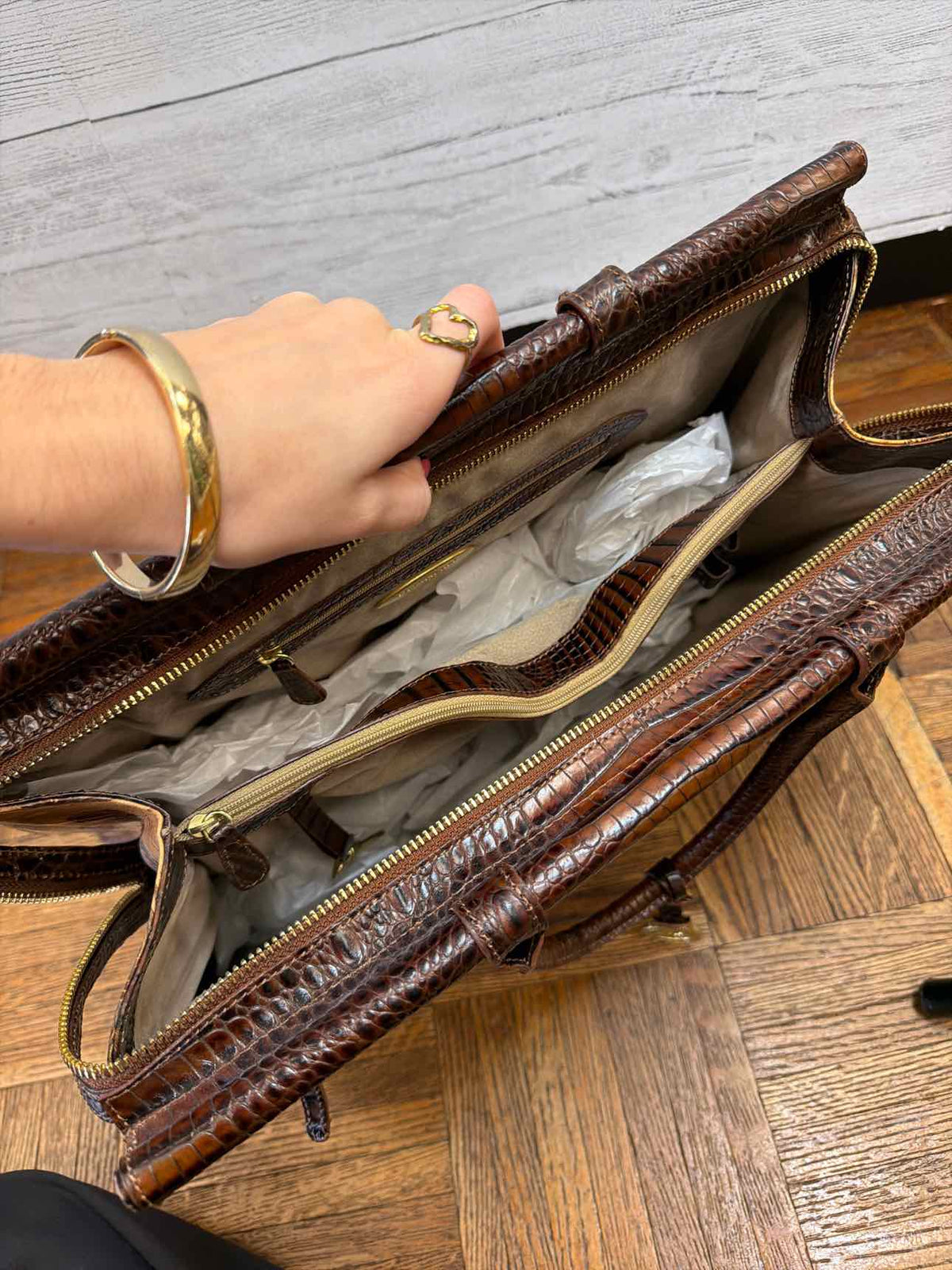 Brahmin brown croc embossed leather with tropical car print palm tress designs