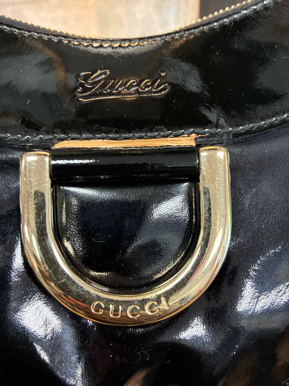 Gucci Black Patent Leather Abbey Hobo Purse w/ Gold Tone D-Ring