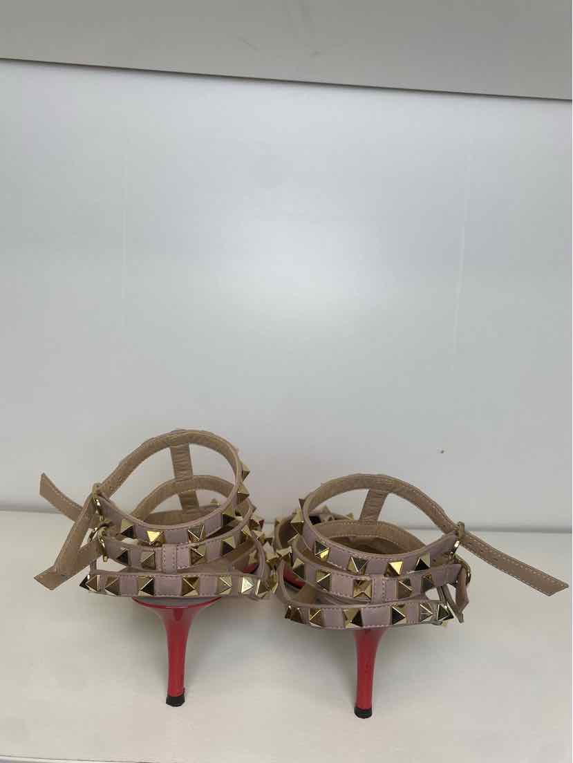 Valentino Size 37.5 Red/Coral Patent Leather Rockstud Pumps w/ Nude Ankle Strap