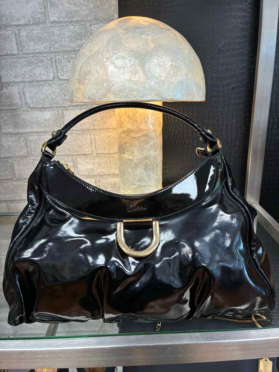Gucci Black Patent Leather Abbey Hobo Purse w/ Gold Tone D-Ring