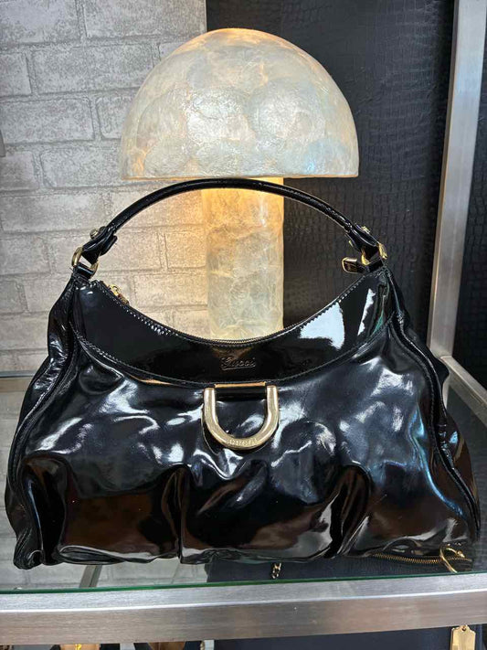Gucci Black Patent Leather Abbey Hobo Purse w/ Gold Tone D-Ring
