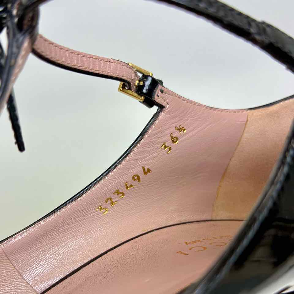 Gucci Mary Jane Patent Black Pointed T-Strap Heel 6