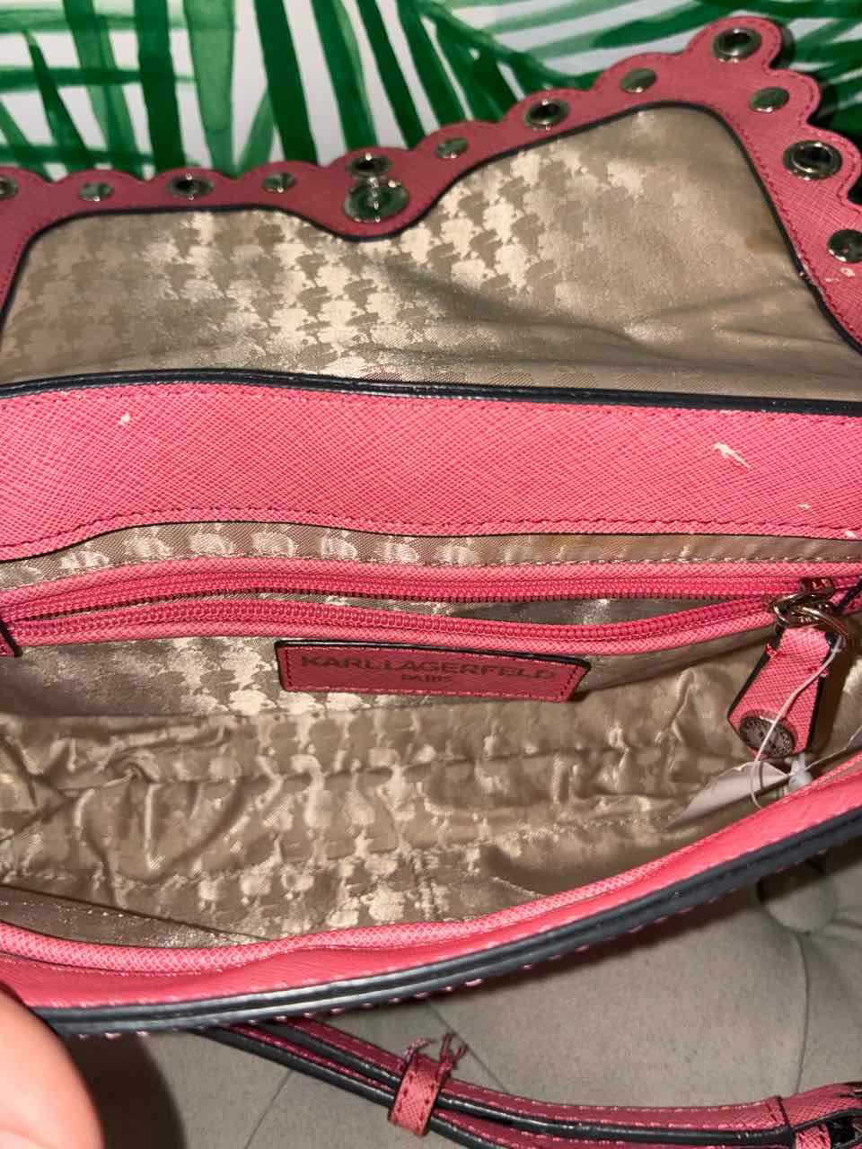 Karl Lagerfeld Pink Leather Crossbody Bag w/ Scalloped Flap and Faux Pearls